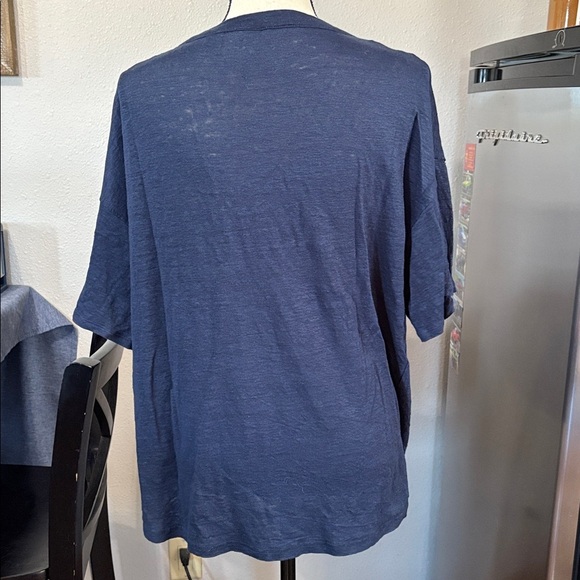 H by Halston 100% Linen Cardigan Navy Blue Buttons Short Sleeve V Neck Sz L - Picture 2 of 5